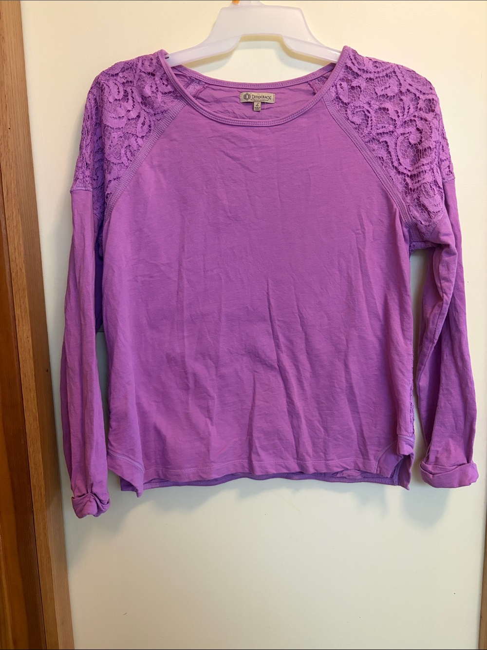 Democracy Lavender Lace Shoulder Long Sleeve Tee